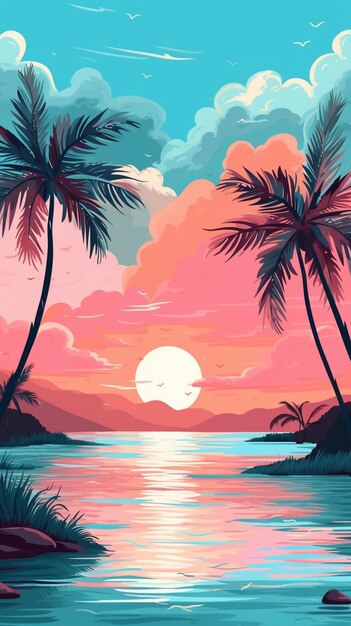 a painting of a sunset with palm trees and a body of water generative ai