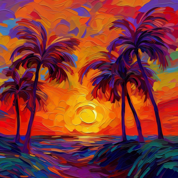 A painting of a sunset with palm trees and a body of water generative ai