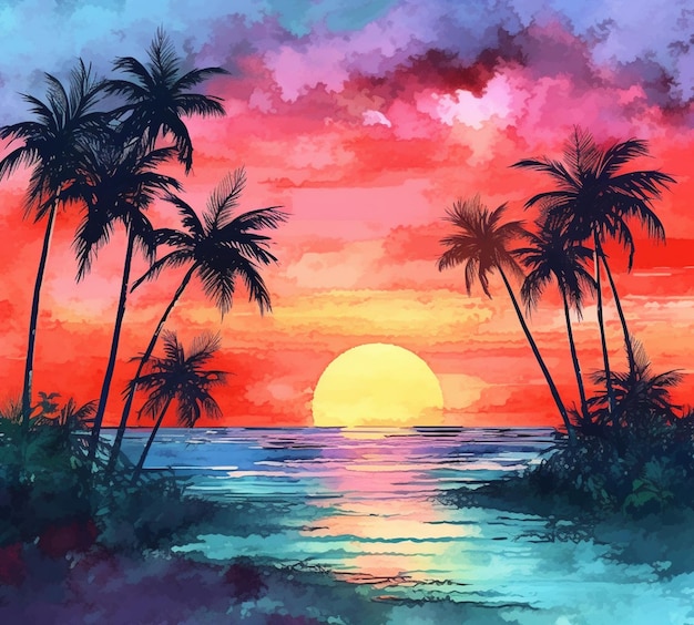 A painting of a sunset with palm trees and a body of water generative ai