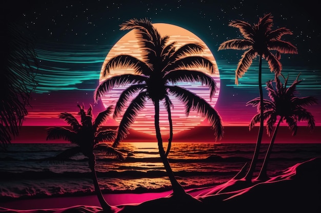 Painting of sunset with palm trees Generative AI