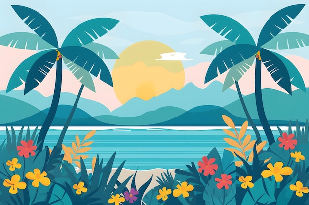 Photo a painting of a sunset with palm trees and mountains in the background