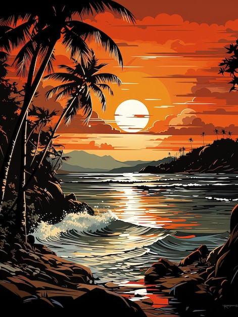 a painting of a sunset with palm trees and a sunset