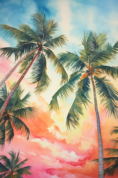 painting of a sunset with palm trees and a surfboard generative ai