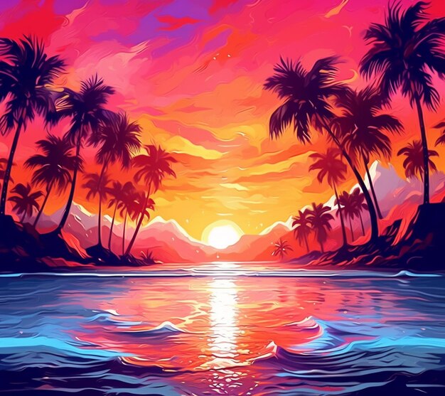 Photo a painting of a sunset with palm trees and waves generative ai