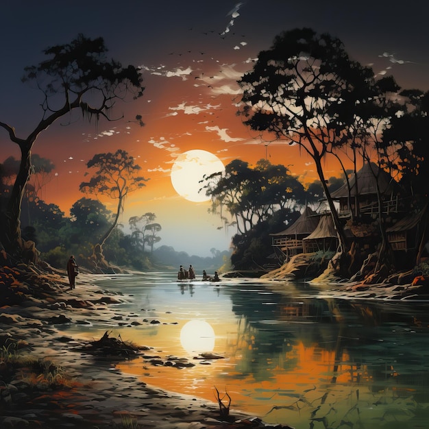 a painting of a sunset with people in boats on the water