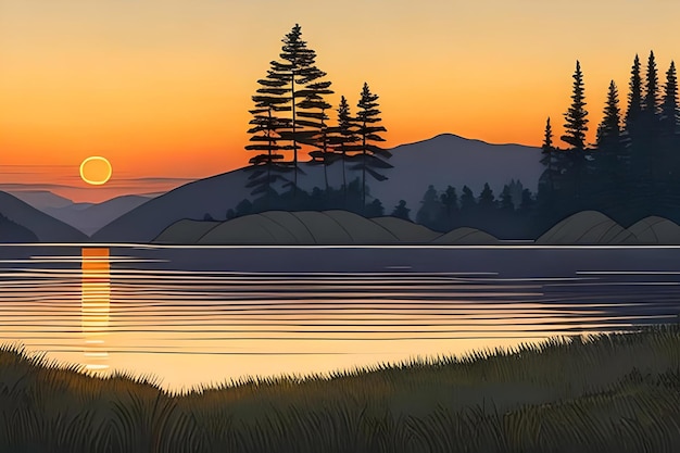 Photo a painting of a sunset with pine trees in the background.