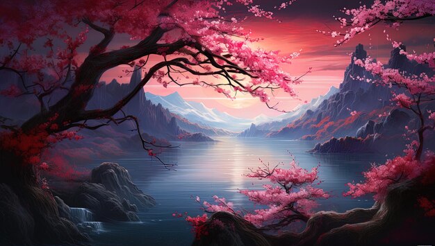 a painting of a sunset with a pink sky and a river