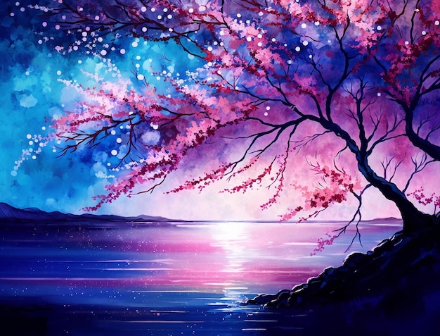 A painting of a sunset with a pink tree and the sky.