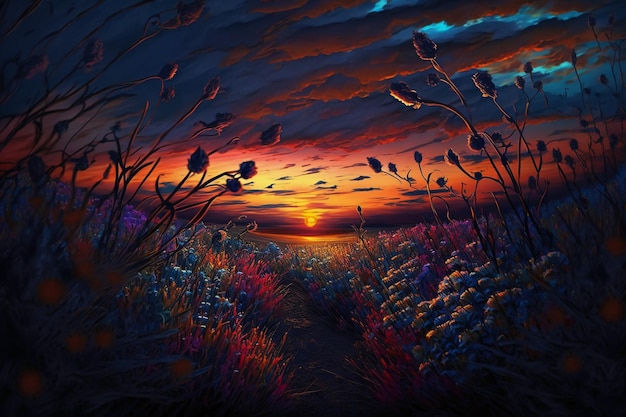 A painting of a sunset with a purple sky and flowers.