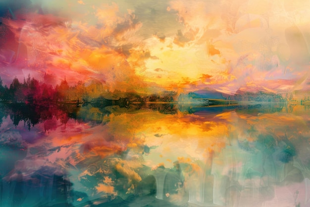 a painting of a sunset with a river and clouds