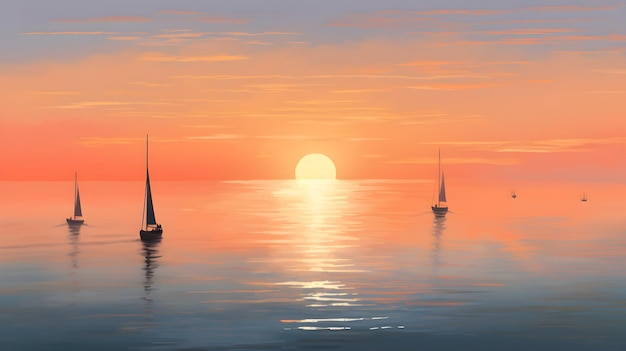 A painting of a sunset with sailboats floating on the water