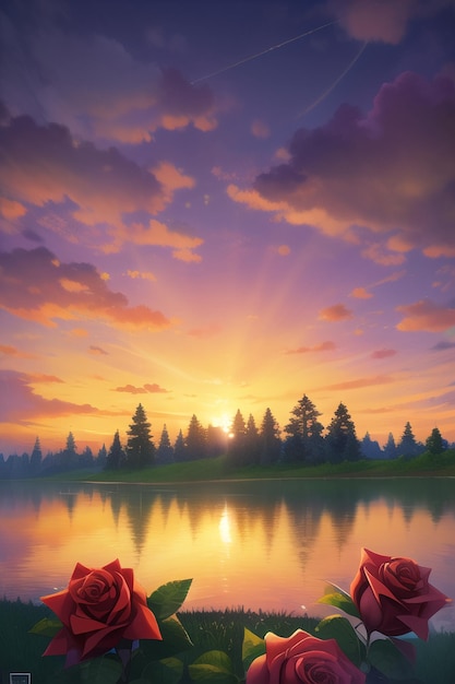 A painting of a sunset with stars on the water