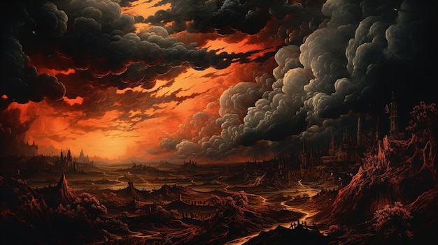 A painting of a sunset with a storm cloud over the horizon.