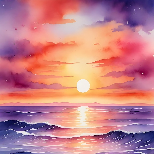 a painting of a sunset with the sun setting in the background