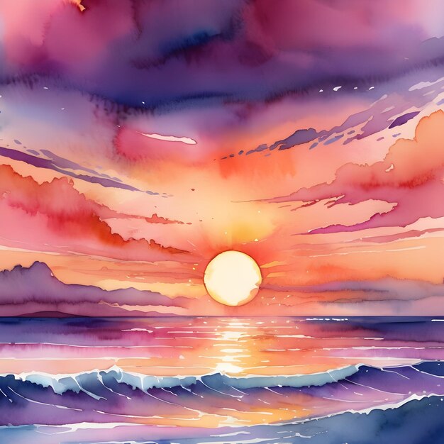 Photo a painting of a sunset with the sun setting in the background