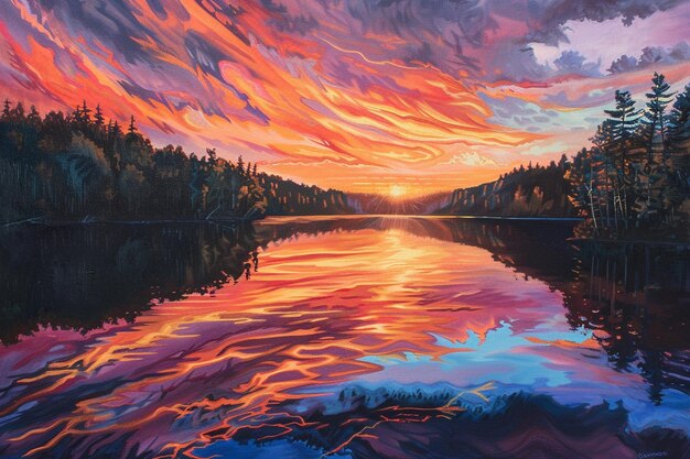 a painting of a sunset with the sun setting behind the clouds