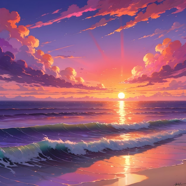 a painting of a sunset with the sun setting behind the clouds