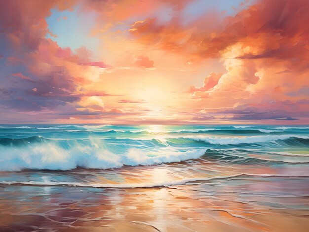 Photo a painting of a sunset with the sun setting behind the clouds