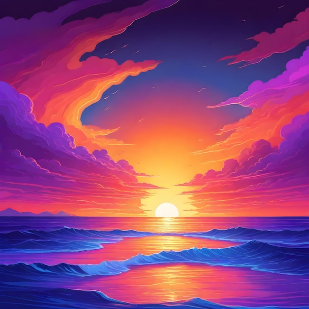 a painting of a sunset with the sun setting behind it