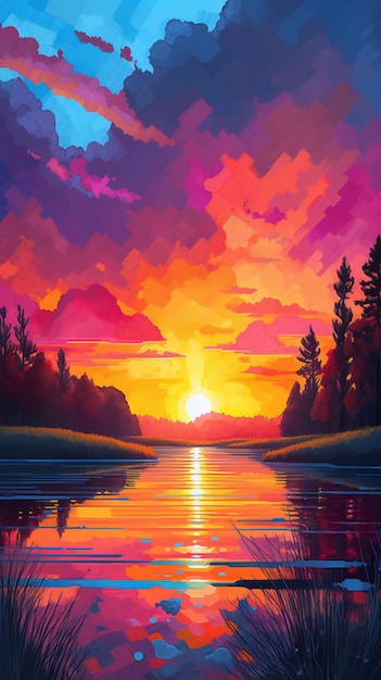 A painting of a sunset with the sun setting behind it.