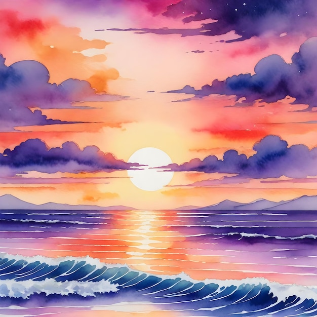 Photo a painting of a sunset with a sun setting over the ocean