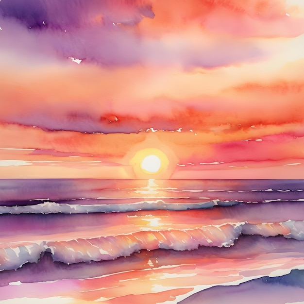 a painting of a sunset with a sun setting over the ocean