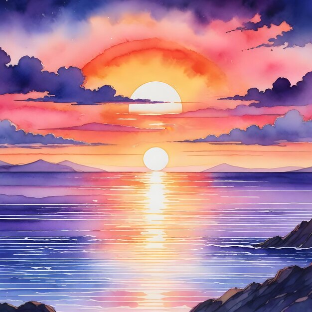 Photo a painting of a sunset with a sun setting over the ocean