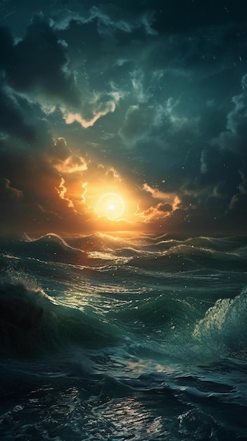 Картина заката с солнцем, садящимся за океан.