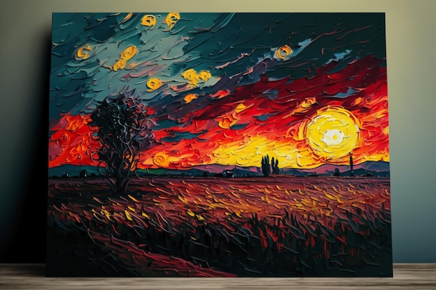 A painting of a sunset with the sun shining on it.