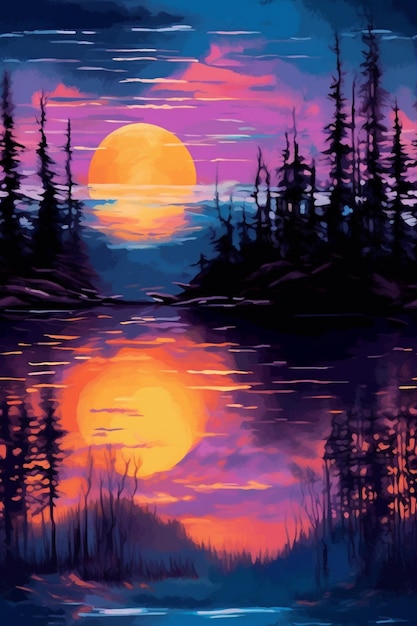 A painting of a sunset with the sun shining through the trees.