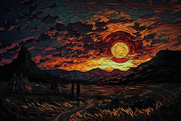 A painting of a sunset with a sunset in the background.