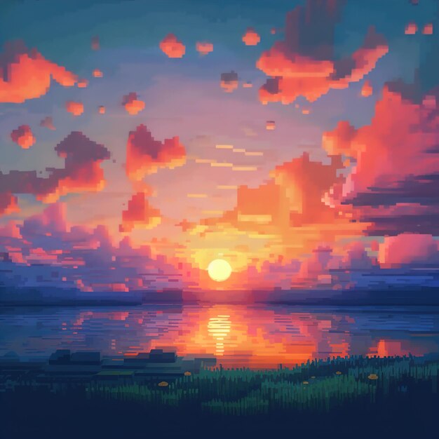 a painting of a sunset with a sunset in the background