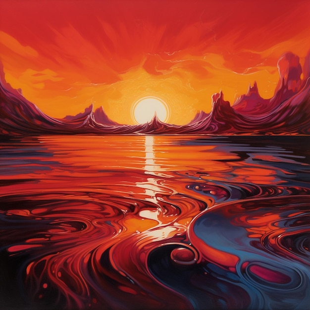 a painting of a sunset with a sunset in the background.