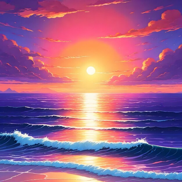 a painting of a sunset with a sunset and the sun shining on the water