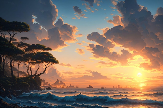 A painting of a sunset with a tree on the beach