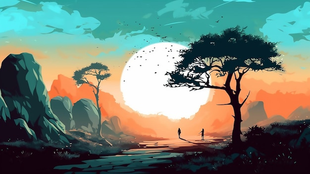 夕日と木と前景を歩く男性の絵。