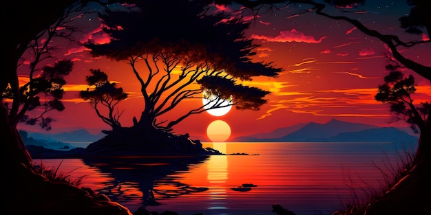 A painting of a sunset with a tree and the sun