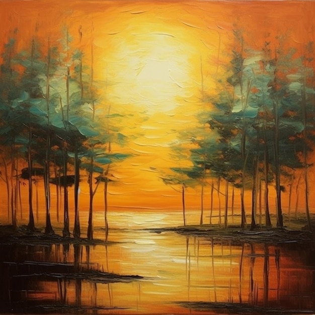 painting of a sunset with trees and water in the foreground generative ai