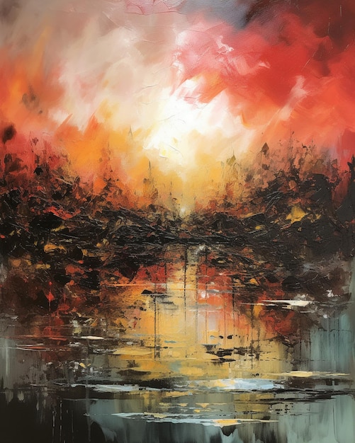 A painting of a sunset with the words " fire " on the bottom.