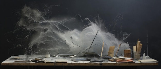 Painting supplies on a desk with fruits and blackboard background