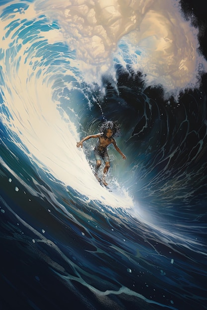 Photo a painting of a surfer on a board with the words 