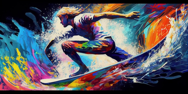 A painting of a surfer on a surfboard that says " surf ".