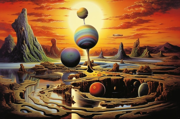 Painting of a surreal scene of planets in a desert with a lake generative ai