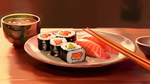 A painting of sushi and a plate with a picture of a fish on it