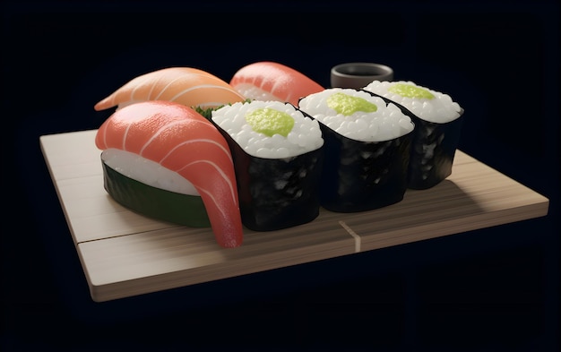 A painting of sushi and rolls on a wooden tray