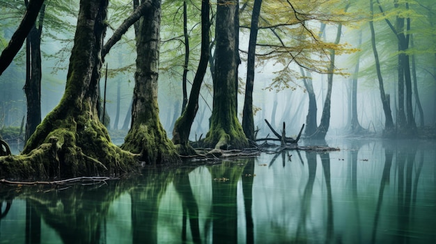 Photo a painting of a swamp in the middle of a forest