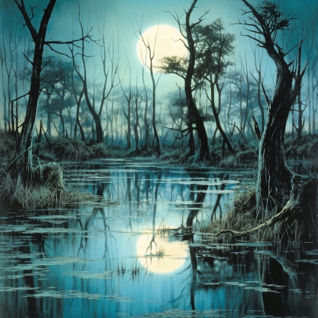 A painting of a swamp with a moon in the sky.