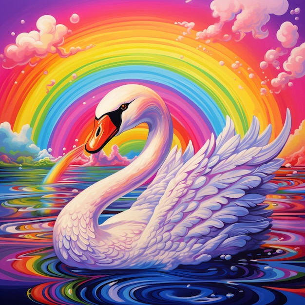 painting of a swan floating in a body of water with a rainbow in the background generative ai