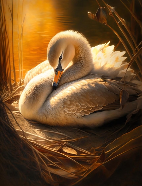 A painting of a swan on a nest