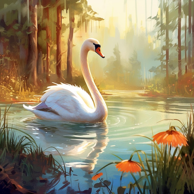 A painting of a swan in the water with trees in the background